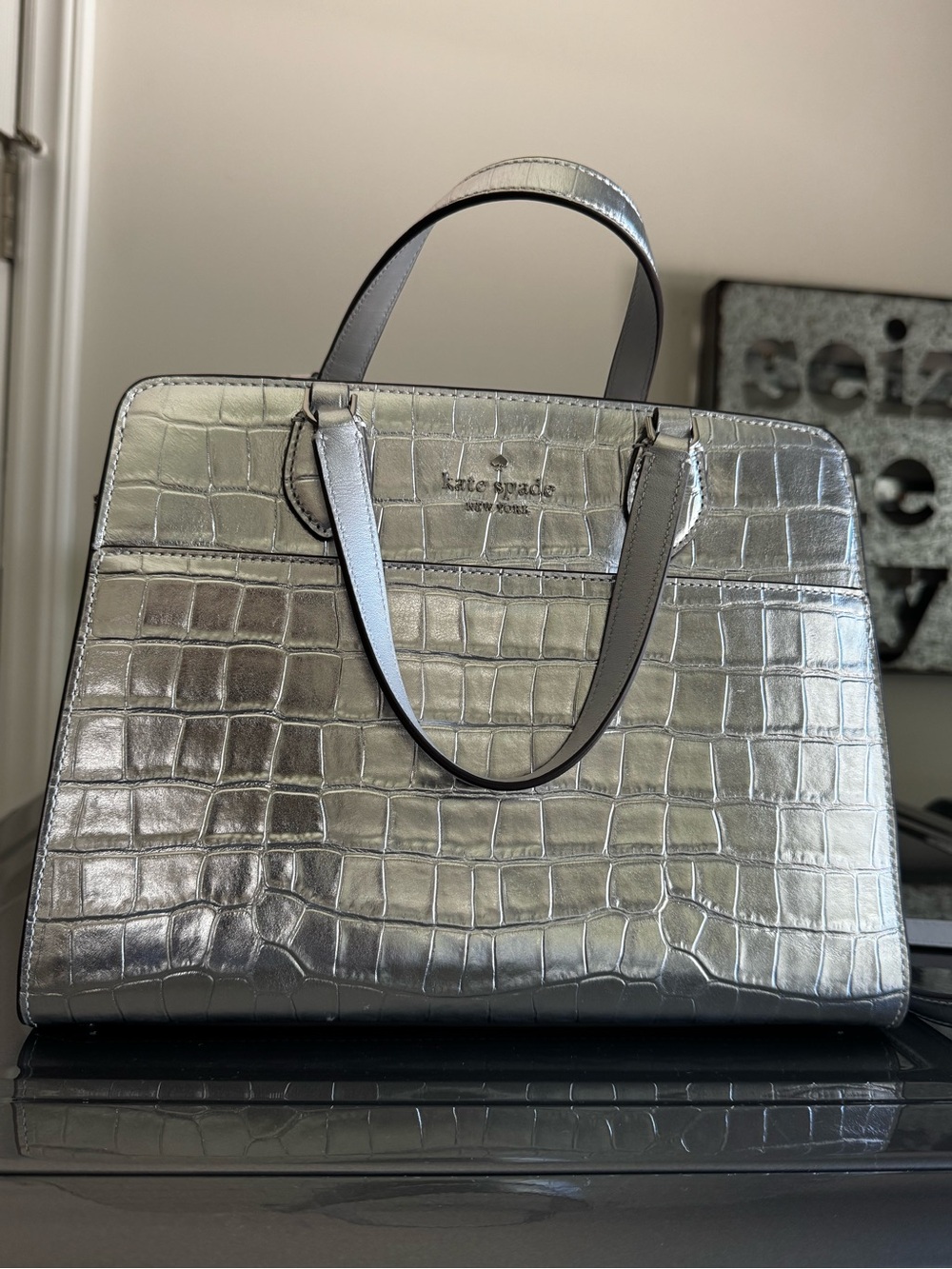 Kate Spade Metallic Silver Croc-Embossed Crossbody Bag